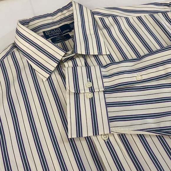 Polo Ralph Lauren Curham Custom Fit Dress Shirt Mens XL Blue Beige Striped Butto - Picture 1 of 10